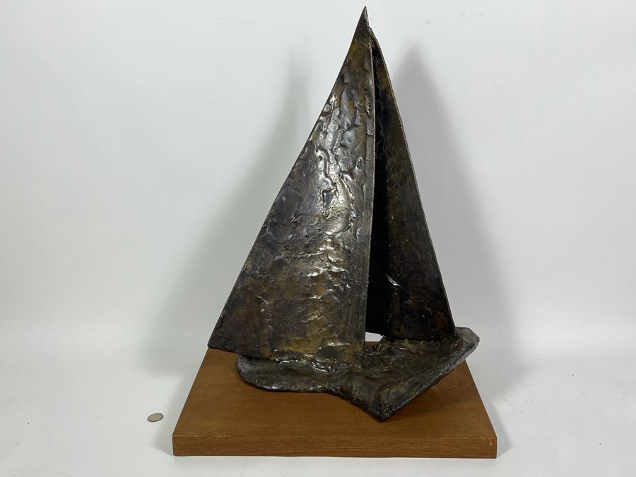 Large Abstract Mid-Century Bronze Sailboat Sculpture On Wooden Base Signed M/66 18W X 12D X 24.5H [Photo 5]