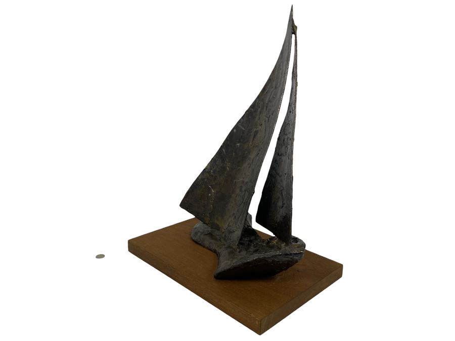 Large Abstract Mid-Century Bronze Sailboat Sculpture On Wooden Base Signed M/66 18W X 12D X 24.5H [Photo 2]