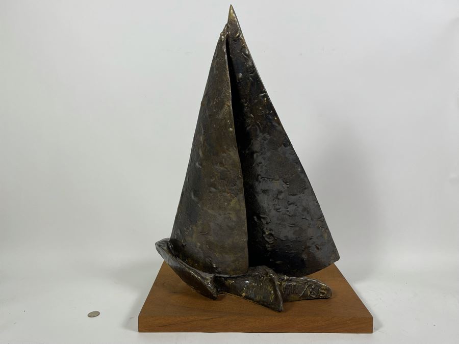 Large Abstract Mid-Century Bronze Sailboat Sculpture On Wooden Base Signed M/66 18W X 12D X 24.5H [Photo 10]