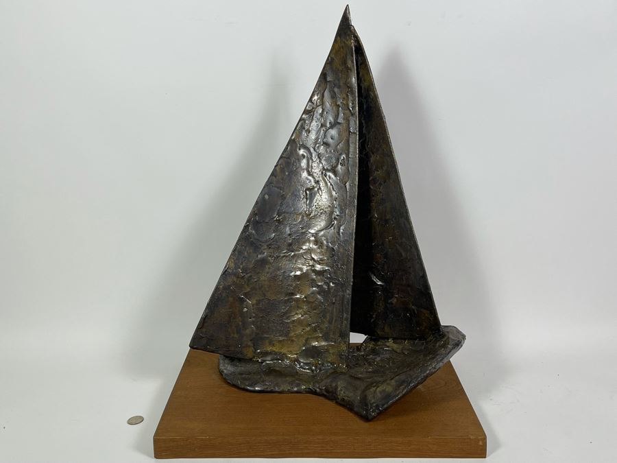 Large Abstract Mid-Century Bronze Sailboat Sculpture On Wooden Base Signed M/66 18W X 12D X 24.5H [Photo 8]