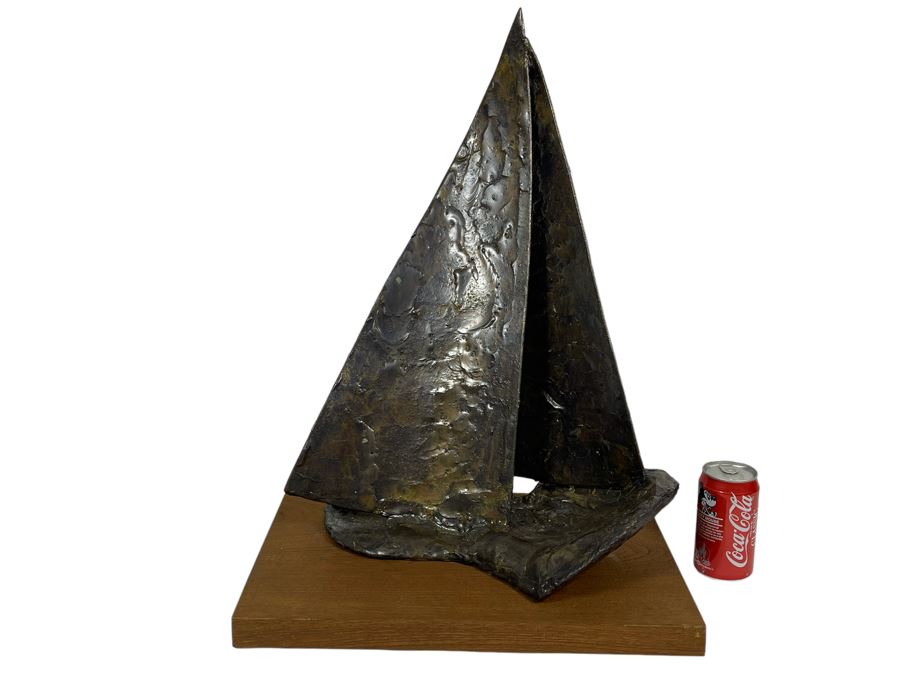 Large Abstract Mid-Century Bronze Sailboat Sculpture On Wooden Base Signed M/66 18W X 12D X 24.5H [Photo 1]