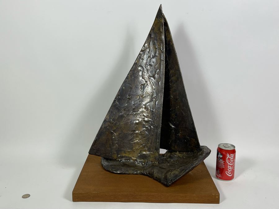 Large Abstract Mid-Century Bronze Sailboat Sculpture On Wooden Base Signed M/66 18W X 12D X 24.5H [Photo 4]