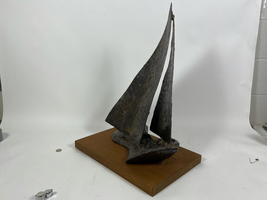 Large Abstract Mid-Century Bronze Sailboat Sculpture On Wooden Base Signed M/66 18W X 12D X 24.5H [Photo 9]