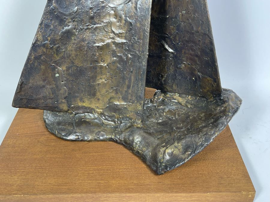 Large Abstract Mid-Century Bronze Sailboat Sculpture On Wooden Base Signed M/66 18W X 12D X 24.5H [Photo 7]