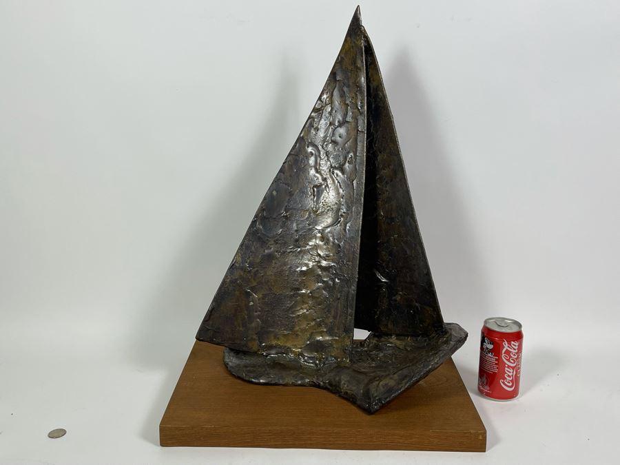 Large Abstract Mid-Century Bronze Sailboat Sculpture On Wooden Base Signed M/66 18W X 12D X 24.5H [Photo 3]