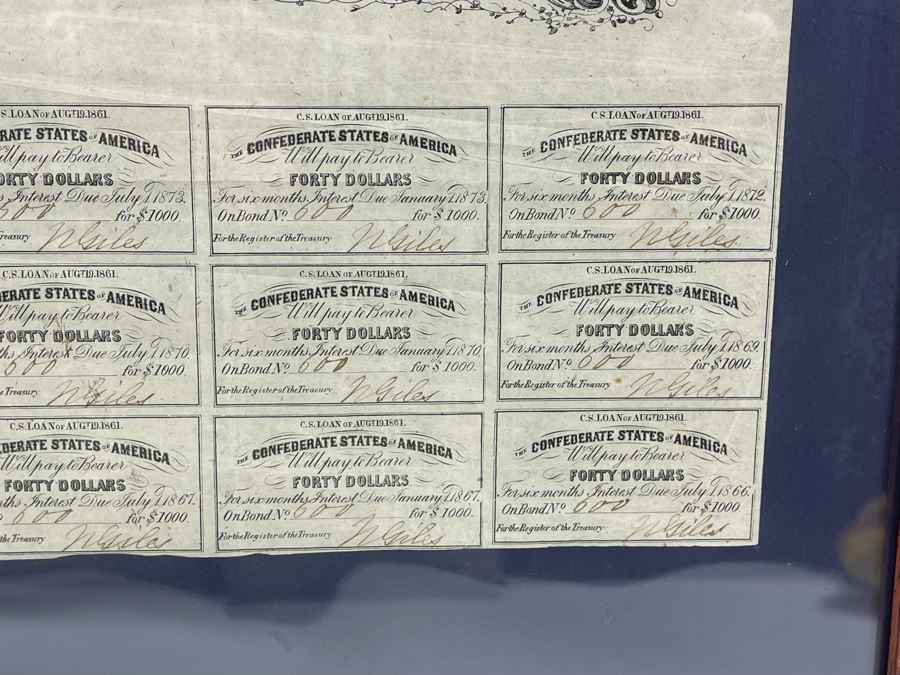 Antique 1863 $1,000 Confederate States Of America Loan Paper No. 600 8% Interest Rate Payable On January 1, 1875 Authorized By The Act Of Congress C.S.A. Of August 19, 1861 [Photo 12]