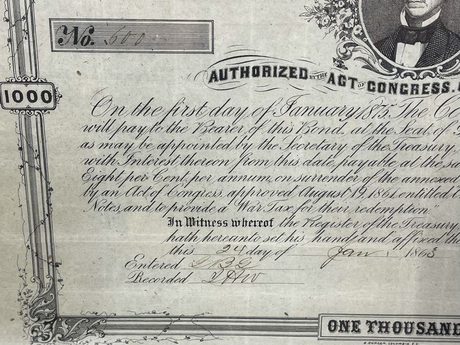 Antique 1863 $1,000 Confederate States Of America Loan Paper No. 600 8% Interest Rate Payable On January 1, 1875 Authorized By The Act Of Congress C.S.A. Of August 19, 1861 [Photo 7]