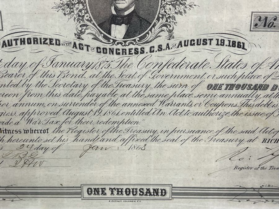 Antique 1863 $1,000 Confederate States Of America Loan Paper No. 600 8% Interest Rate Payable On January 1, 1875 Authorized By The Act Of Congress C.S.A. Of August 19, 1861 [Photo 8]
