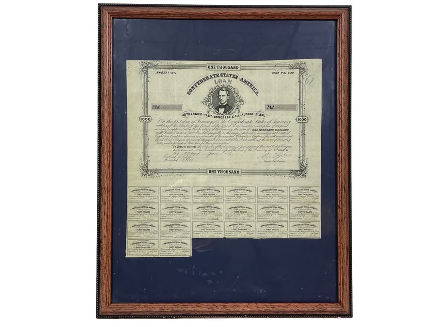 Antique 1863 $1,000 Confederate States Of America Loan Paper No. 600 8% Interest Rate Payable On January 1, 1875 Authorized By The Act Of Congress C.S.A. Of August 19, 1861 [Photo 2]