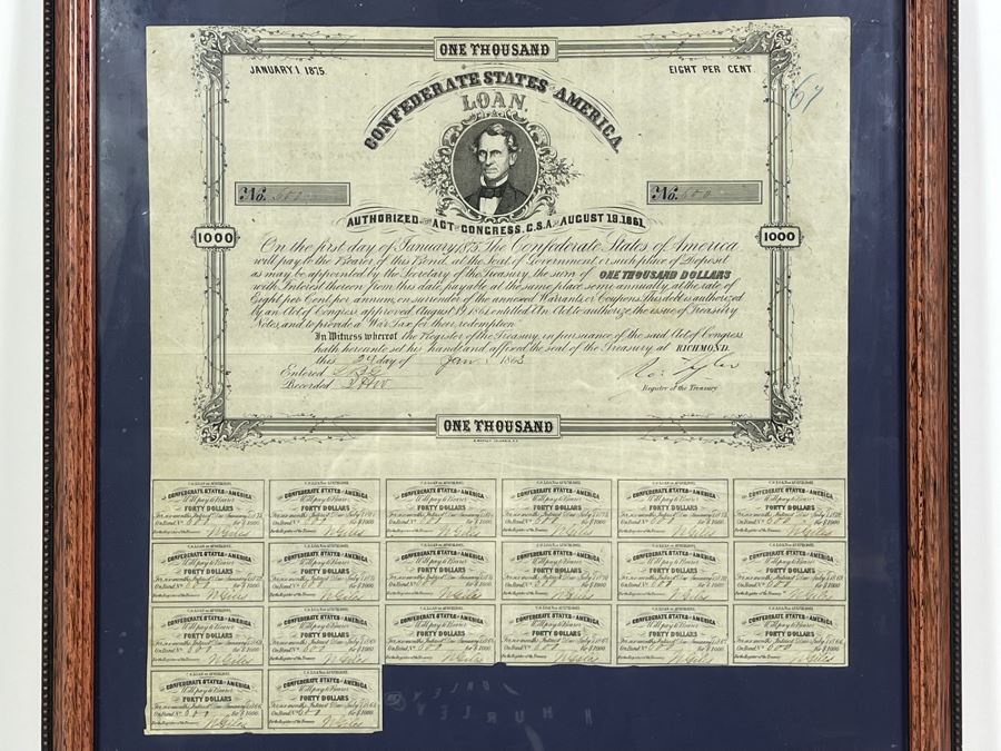 Antique 1863 $1,000 Confederate States Of America Loan Paper No. 600 8% Interest Rate Payable On January 1, 1875 Authorized By The Act Of Congress C.S.A. Of August 19, 1861 [Photo 3]