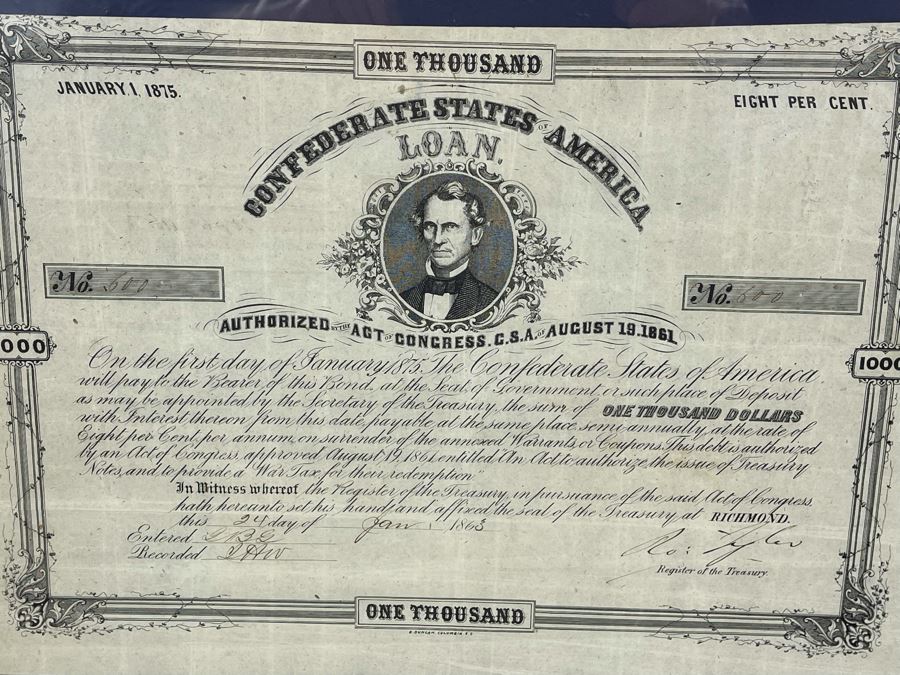Antique 1863 $1,000 Confederate States Of America Loan Paper No. 600 8% Interest Rate Payable On January 1, 1875 Authorized By The Act Of Congress C.S.A. Of August 19, 1861 [Photo 5]