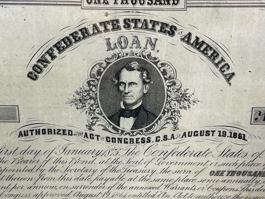 Antique 1863 $1,000 Confederate States Of America Loan Paper No. 600 8% Interest Rate Payable On January 1, 1875 Authorized By The Act Of Congress C.S.A. Of August 19, 1861 [Photo 6]