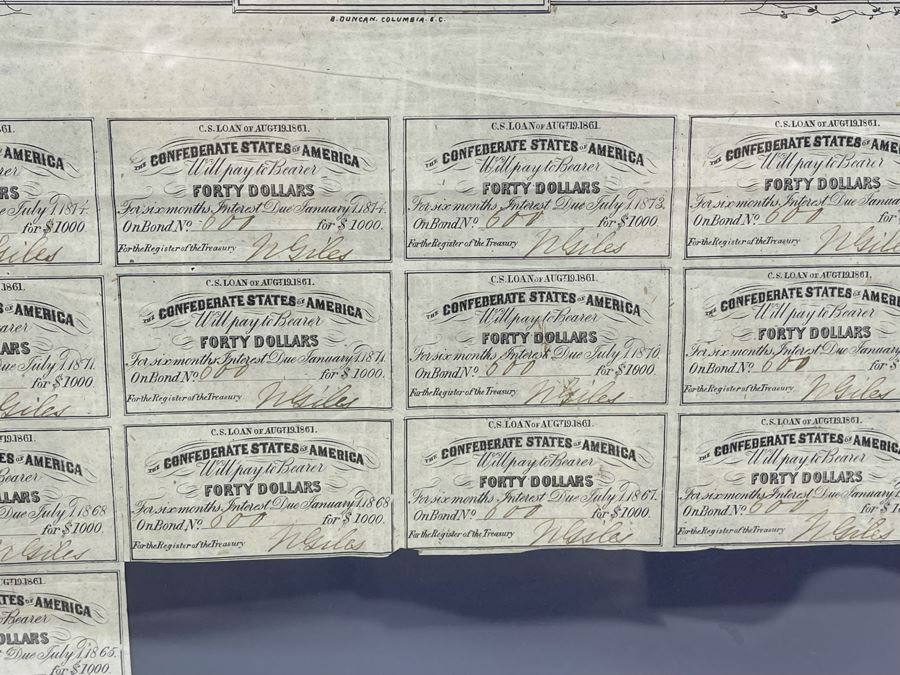 Antique 1863 $1,000 Confederate States Of America Loan Paper No. 600 8% Interest Rate Payable On January 1, 1875 Authorized By The Act Of Congress C.S.A. Of August 19, 1861 [Photo 11]