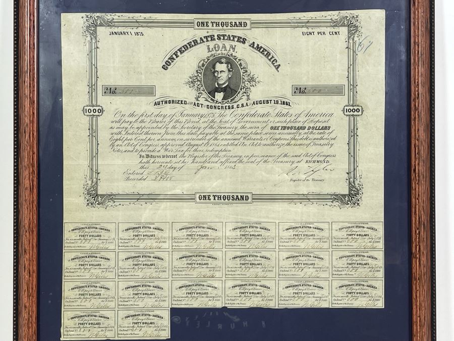 Antique 1863 $1,000 Confederate States Of America Loan Paper No. 600 8% Interest Rate Payable On January 1, 1875 Authorized By The Act Of Congress C.S.A. Of August 19, 1861