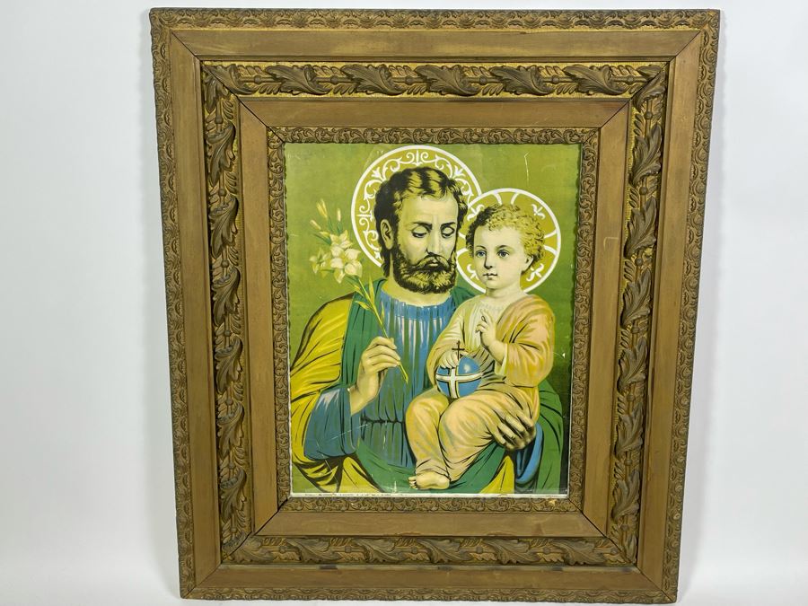 Vintage Print Poster Of St. Joseph & Baby Jesus, S. Giuseppe, S. Jose 16 X 20 In Antique Gilt Wooden Frame 29 X 33 [Photo 3]
