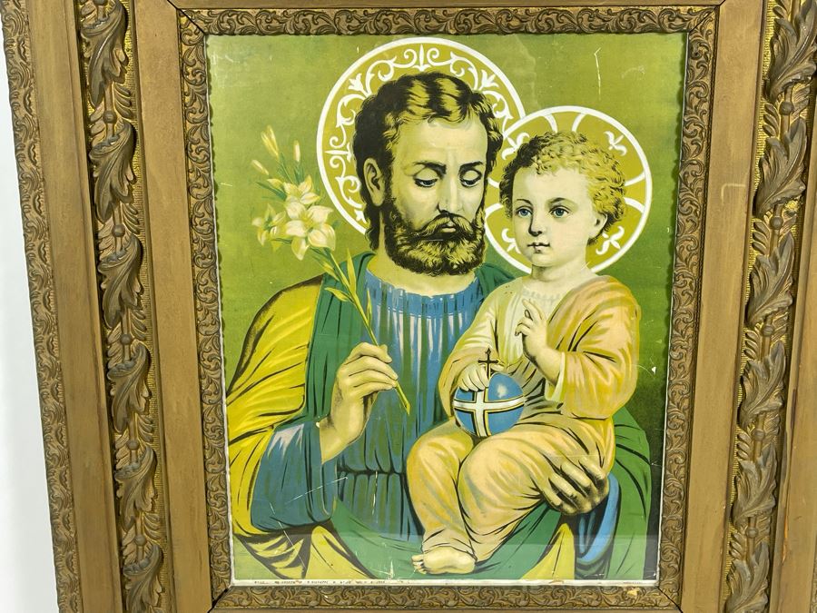 Vintage Print Poster Of St. Joseph & Baby Jesus, S. Giuseppe, S. Jose 16 X 20 In Antique Gilt Wooden Frame 29 X 33