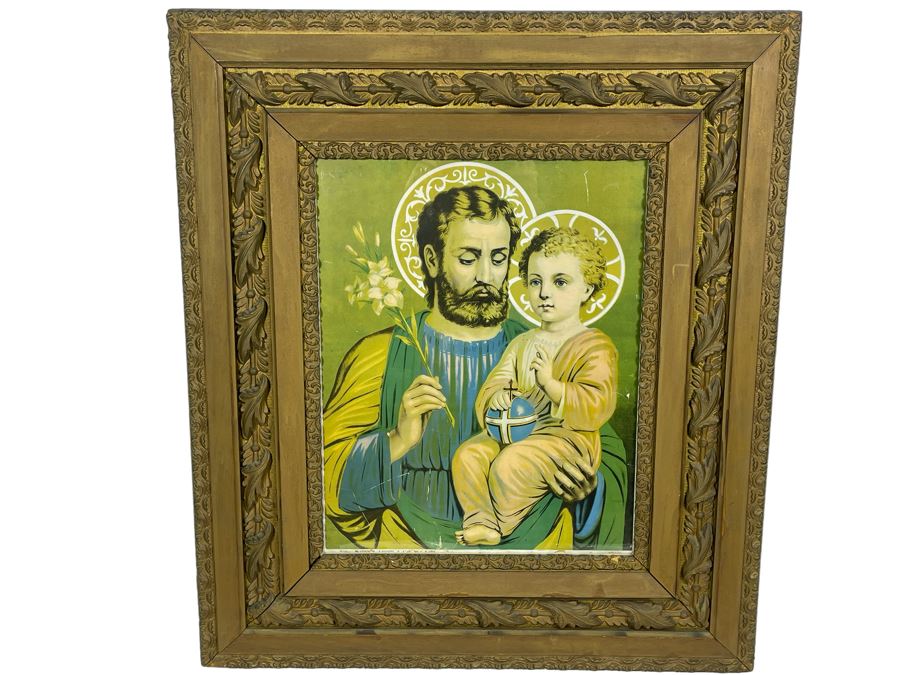Vintage Print Poster Of St. Joseph & Baby Jesus, S. Giuseppe, S. Jose 16 X 20 In Antique Gilt Wooden Frame 29 X 33 [Photo 1]
