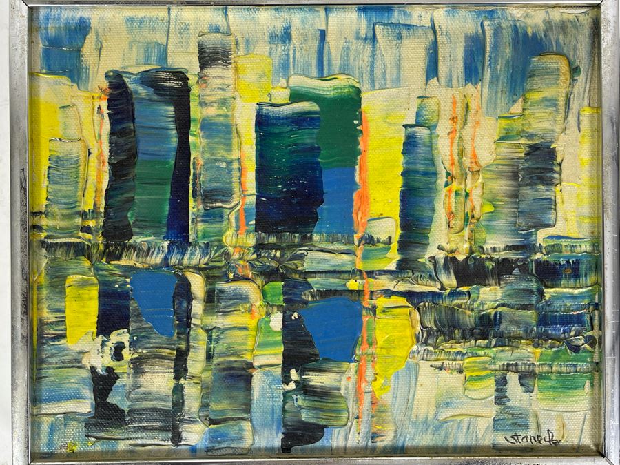 Original Edgar A. Stareck Acrylic Painting Abstract New York Skyline Signed Lower Right In Chrome Frame 10' X 8' [Photo 5]