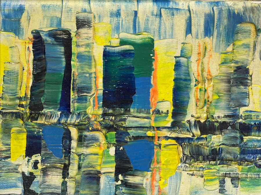 Original Edgar A. Stareck Acrylic Painting Abstract New York Skyline Signed Lower Right In Chrome Frame 10' X 8' [Photo 10]