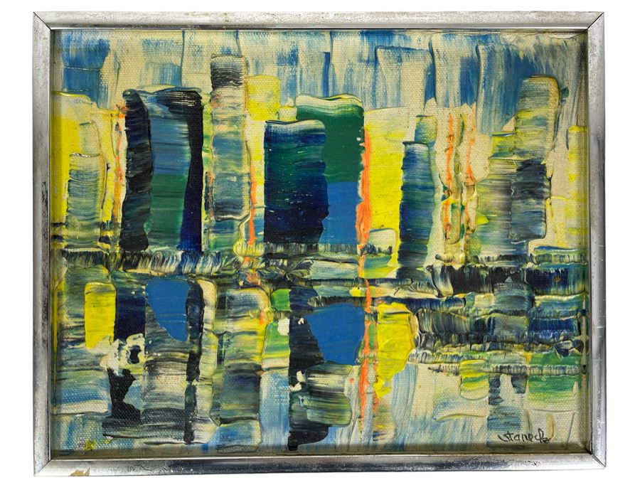 Original Edgar A. Stareck Acrylic Painting Abstract New York Skyline Signed Lower Right In Chrome Frame 10' X 8' [Photo 1]