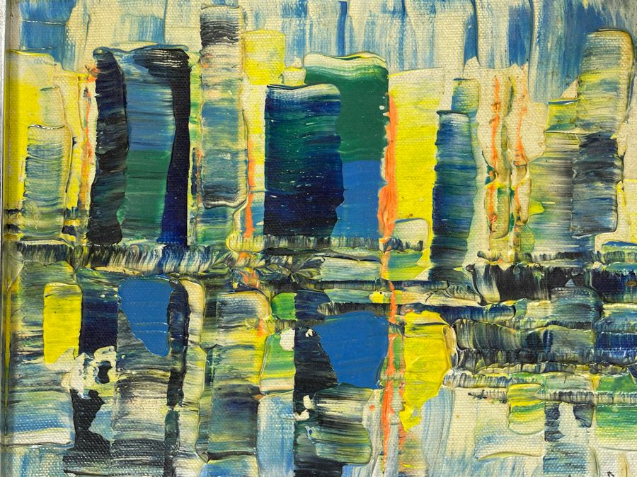 Original Edgar A. Stareck Acrylic Painting Abstract New York Skyline Signed Lower Right In Chrome Frame 10' X 8' [Photo 9]