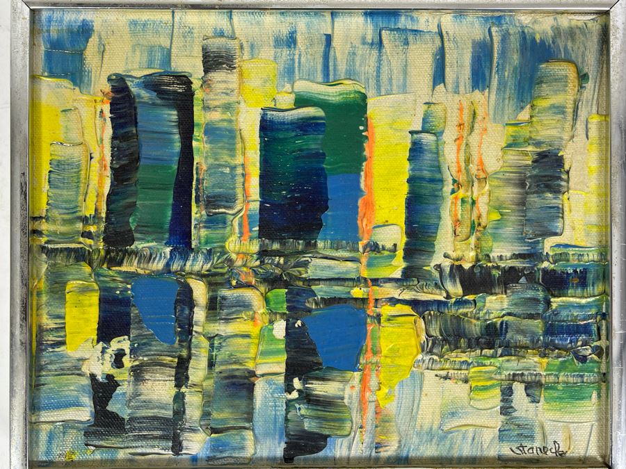 Original Edgar A. Stareck Acrylic Painting Abstract New York Skyline Signed Lower Right In Chrome Frame 10' X 8' [Photo 4]