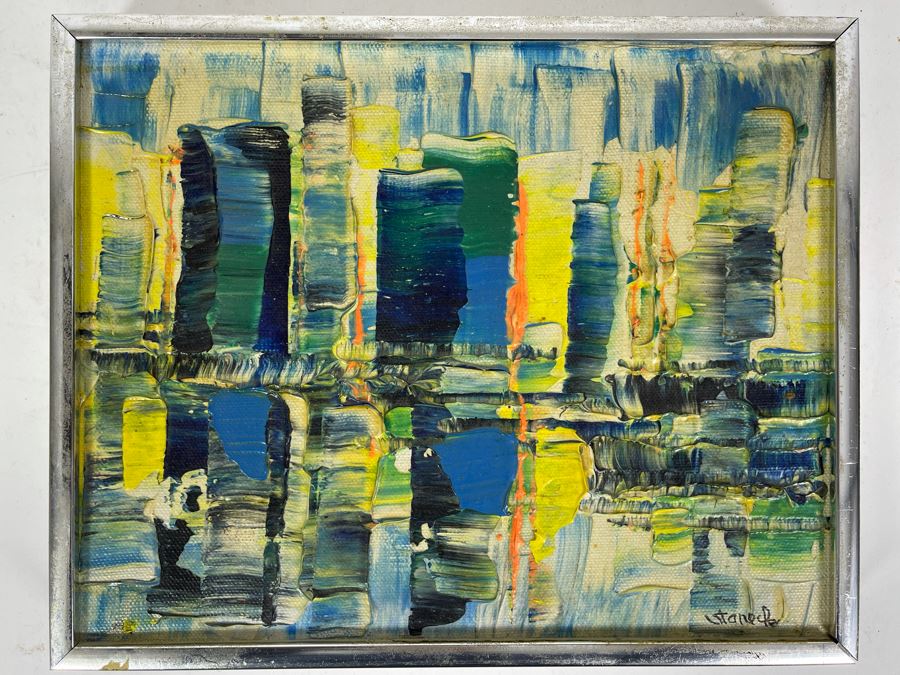 Original Edgar A. Stareck Acrylic Painting Abstract New York Skyline Signed Lower Right In Chrome Frame 10' X 8' [Photo 3]