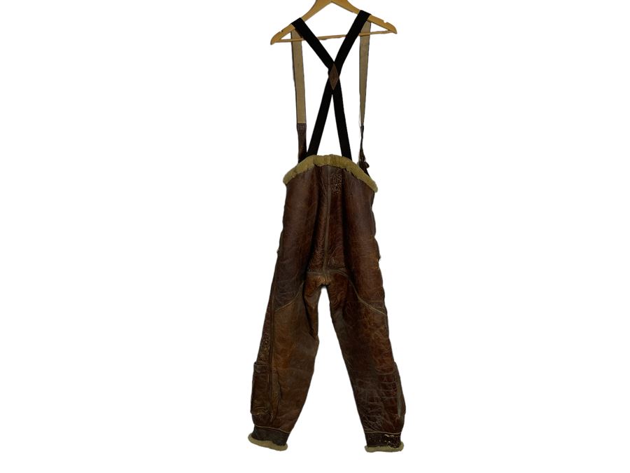 Air Force Leather Sherpa Bomber Overalls With Suspenders Flight Pilot Leather Pants From WWII [Photo 4]