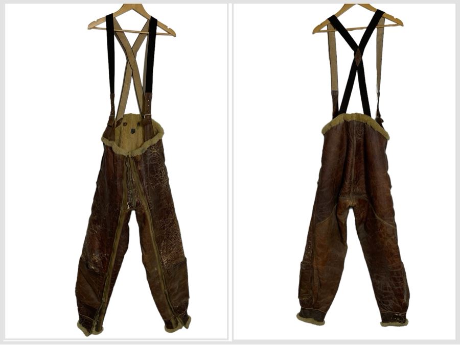 Air Force Leather Sherpa Bomber Overalls With Suspenders Flight Pilot Leather Pants From WWII [Photo 1]
