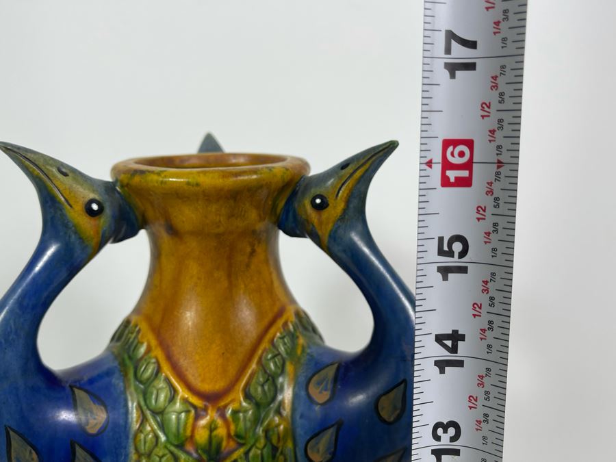Beautiful Antique Majolica Faience Italian Peacock Vase 16H [Photo 11]