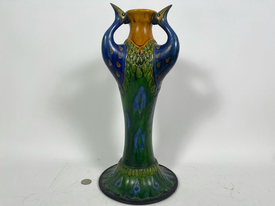 Beautiful Antique Majolica Faience Italian Peacock Vase 16H [Photo 2]