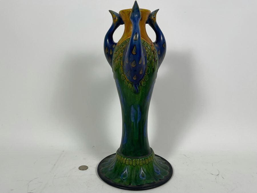 Beautiful Antique Majolica Faience Italian Peacock Vase 16H [Photo 8]