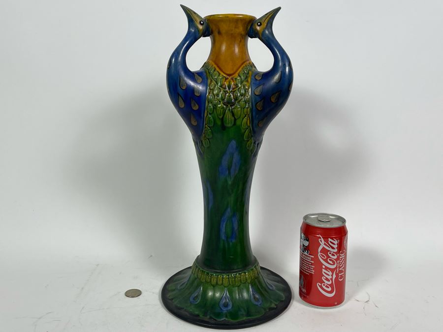 Beautiful Antique Majolica Faience Italian Peacock Vase 16H [Photo 10]