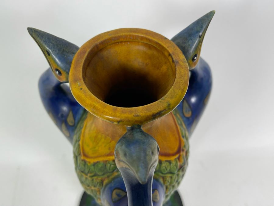 Beautiful Antique Majolica Faience Italian Peacock Vase 16H [Photo 9]