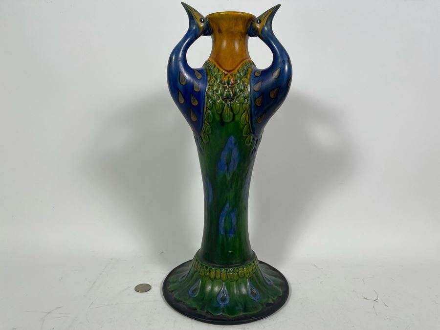Beautiful Antique Majolica Faience Italian Peacock Vase 16H [Photo 3]