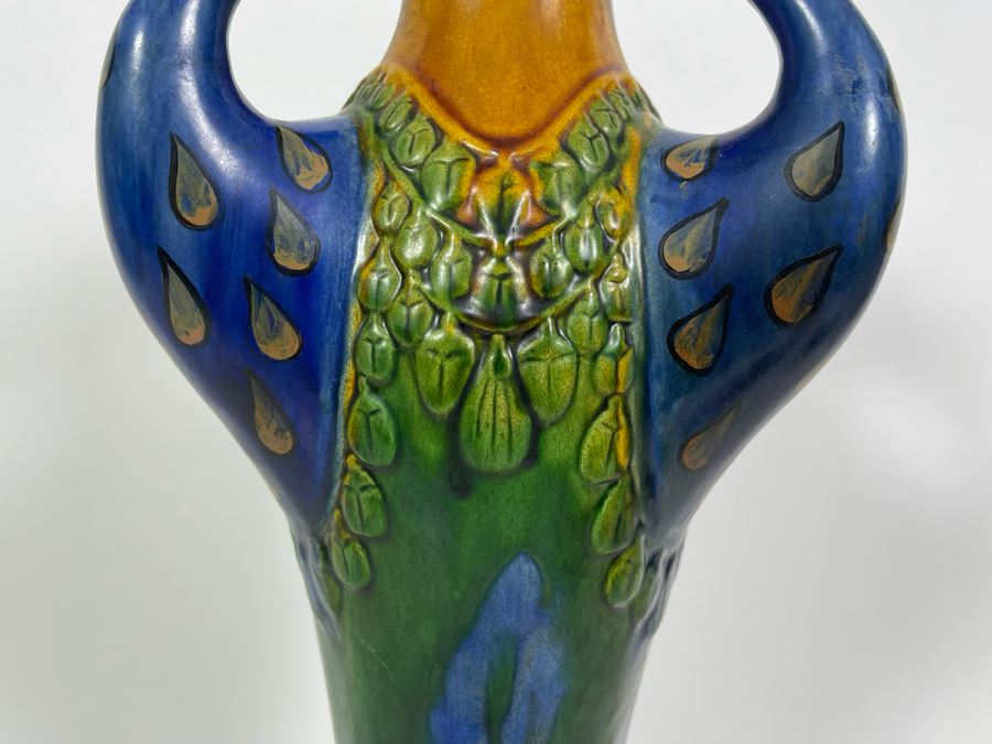Beautiful Antique Majolica Faience Italian Peacock Vase 16H [Photo 5]