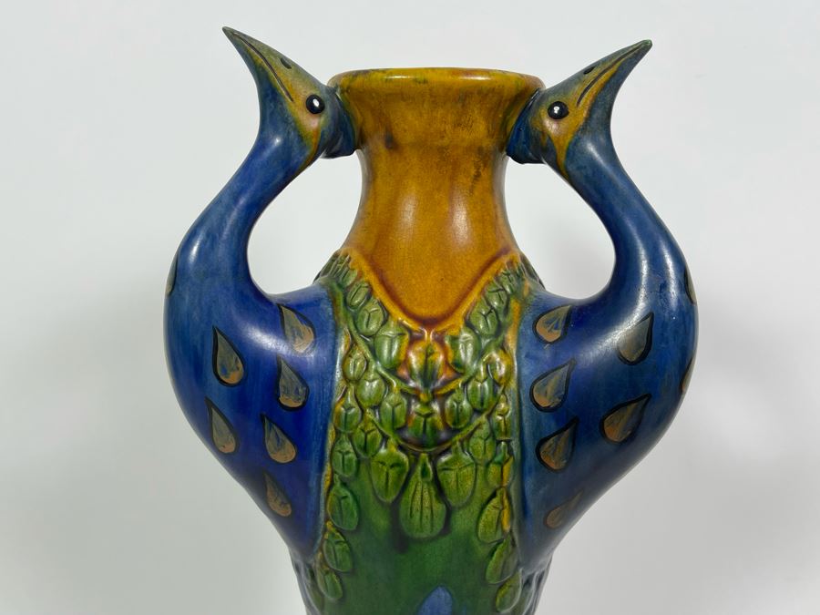 Beautiful Antique Majolica Faience Italian Peacock Vase 16H [Photo 4]