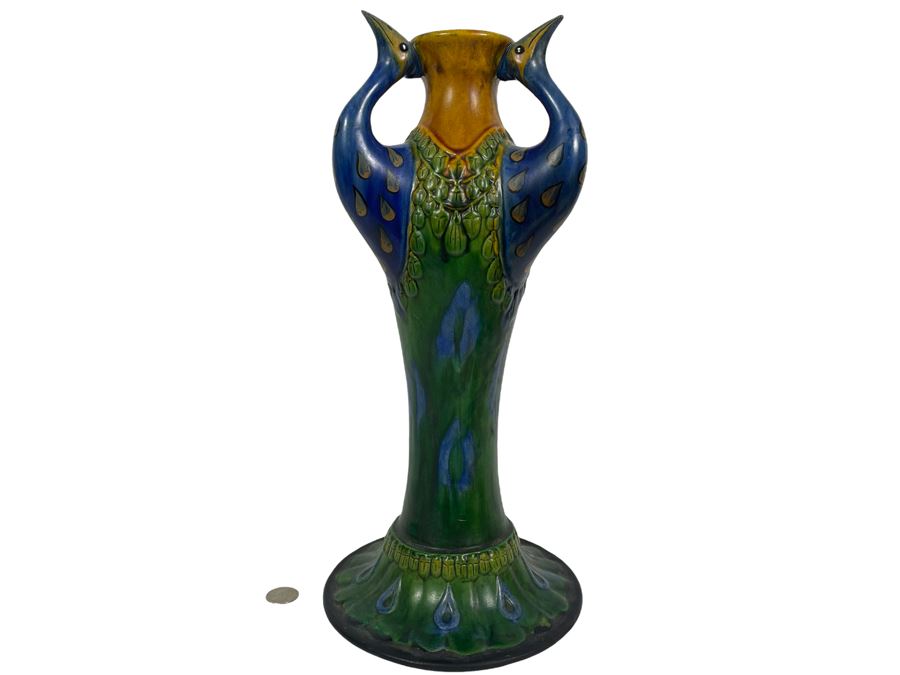 Beautiful Antique Majolica Faience Italian Peacock Vase 16H