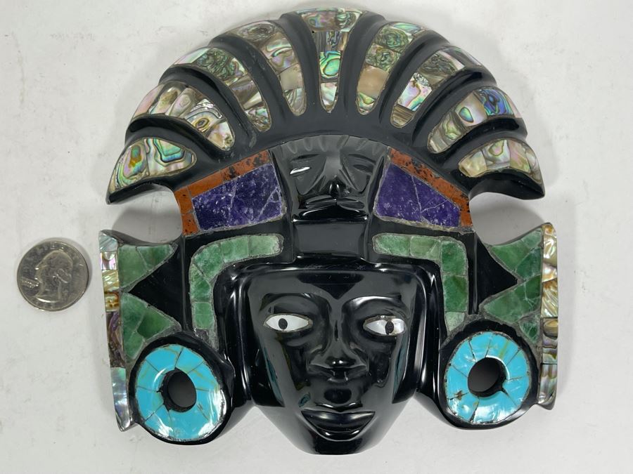 Obsidian Aztec Sun God (Teotihuacan) With Semi-Precious Stones Mask 6W X 6H X 2D [Photo 2]