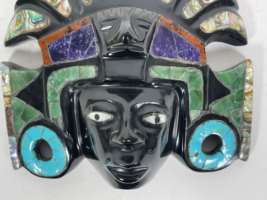Obsidian Aztec Sun God (Teotihuacan) With Semi-Precious Stones Mask 6W X 6H X 2D [Photo 6]