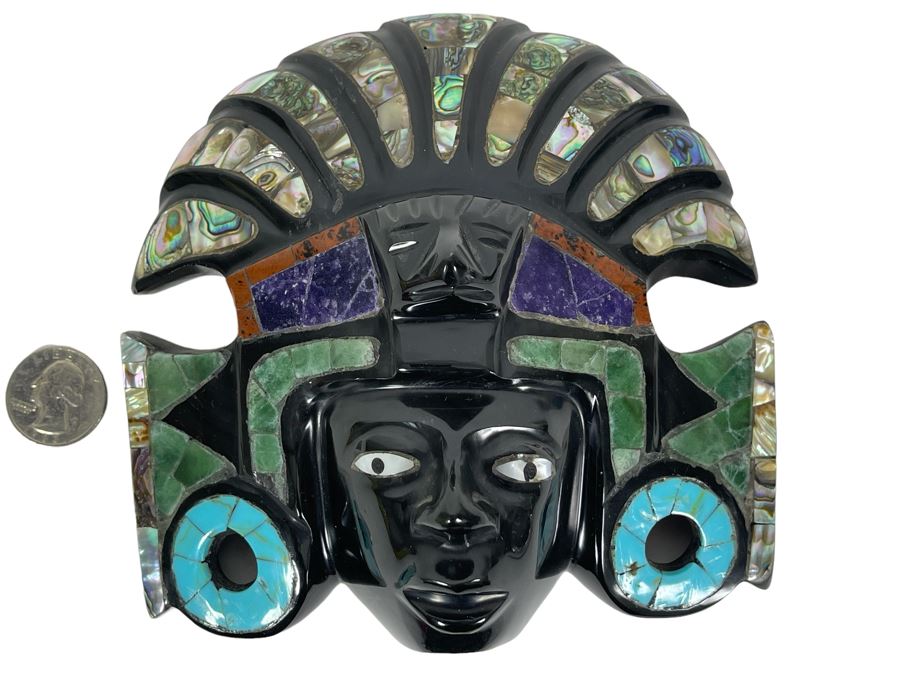 Obsidian Aztec Sun God (Teotihuacan) With Semi-Precious Stones Mask 6W X 6H X 2D [Photo 1]