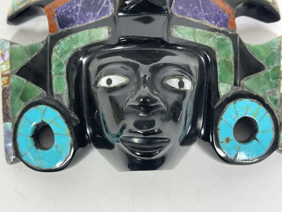 Obsidian Aztec Sun God (Teotihuacan) With Semi-Precious Stones Mask 6W X 6H X 2D [Photo 5]