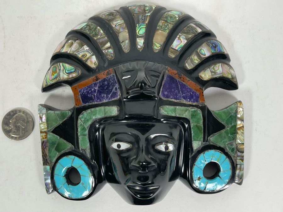 Obsidian Aztec Sun God (Teotihuacan) With Semi-Precious Stones Mask 6W X 6H X 2D [Photo 3]