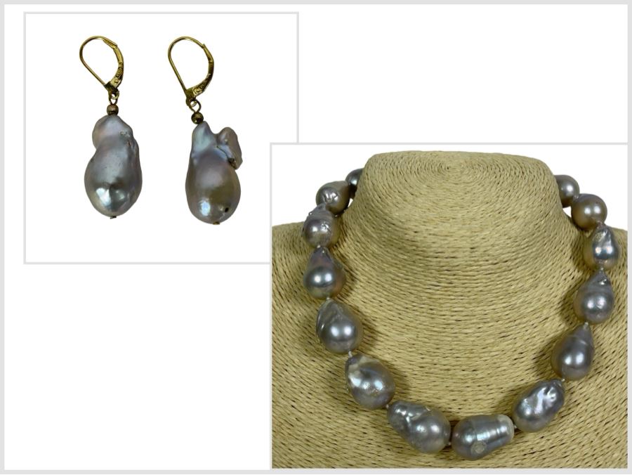 15-20mm Freshwater Cultured Baroque Silver Tone Pearl Necklace With Earrings [Photo 2]