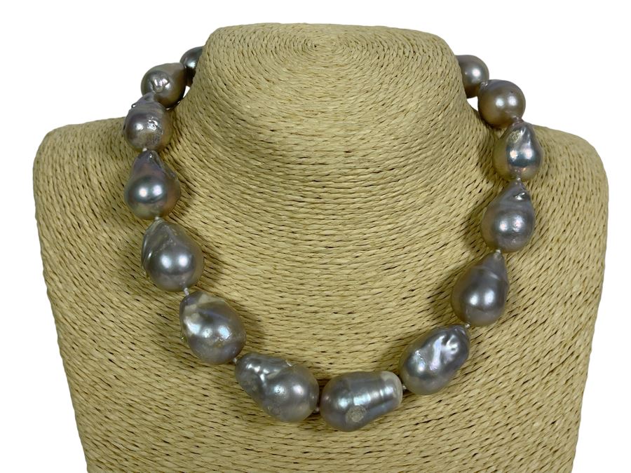 15-20mm Freshwater Cultured Baroque Silver Tone Pearl Necklace With Earrings