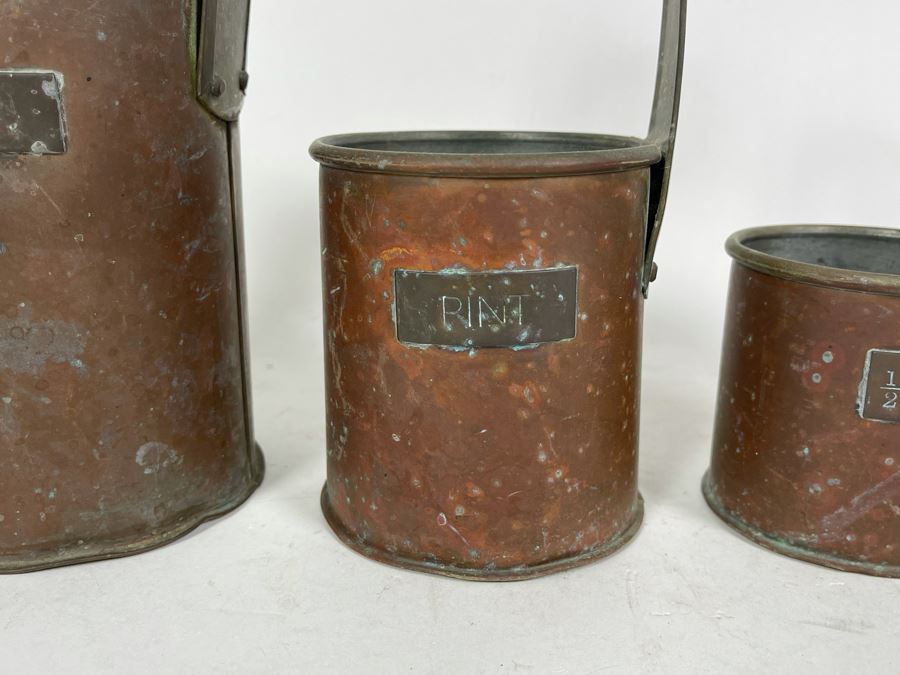 Vintage Copper Measuring Cups With Handles Titled 2 Pint, 1 Pint, 1/2 Pint [Photo 5]