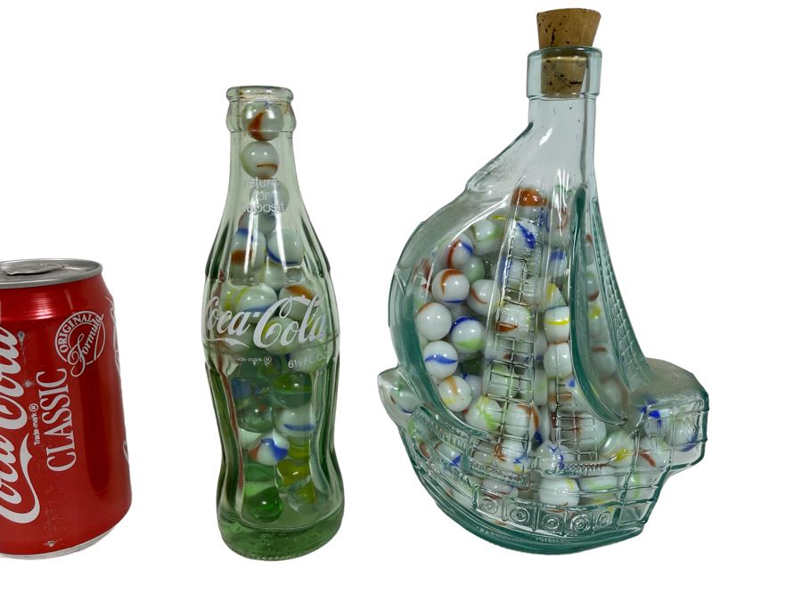 Vintage Glass Marble Collection In Pair Of Vintage Glass Bottles