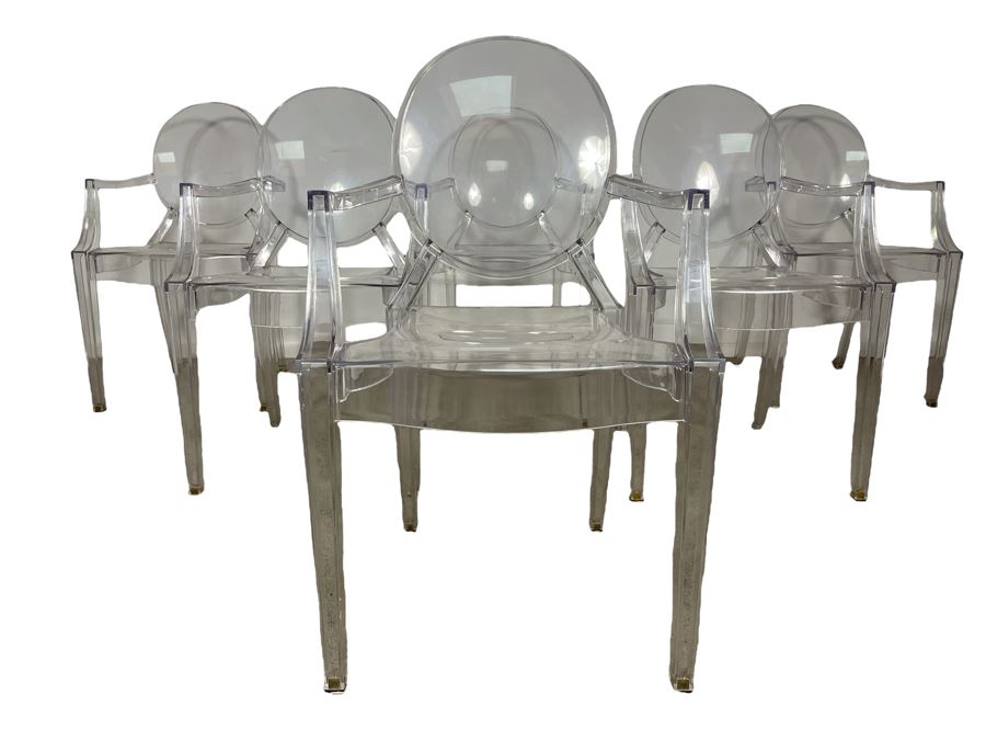 (6) Philippe Stark Ghost Stackable Lucite Dining Armchairs By Kartell 21W X 22D X 36H (HE) Retails $6,000+