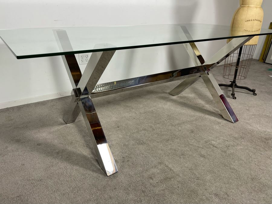 Modernist Contemporary Chrome X-Base Dining Table / Desk With Glass Top 78W X 38D X 29.5H (HE) [Photo 6]
