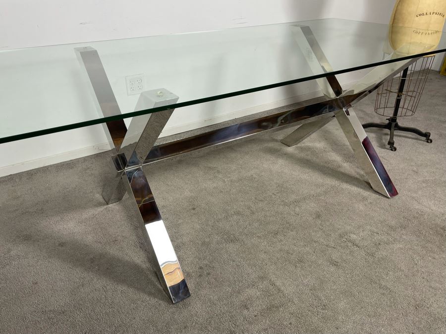 Modernist Contemporary Chrome X-Base Dining Table / Desk With Glass Top 78W X 38D X 29.5H (HE) [Photo 8]
